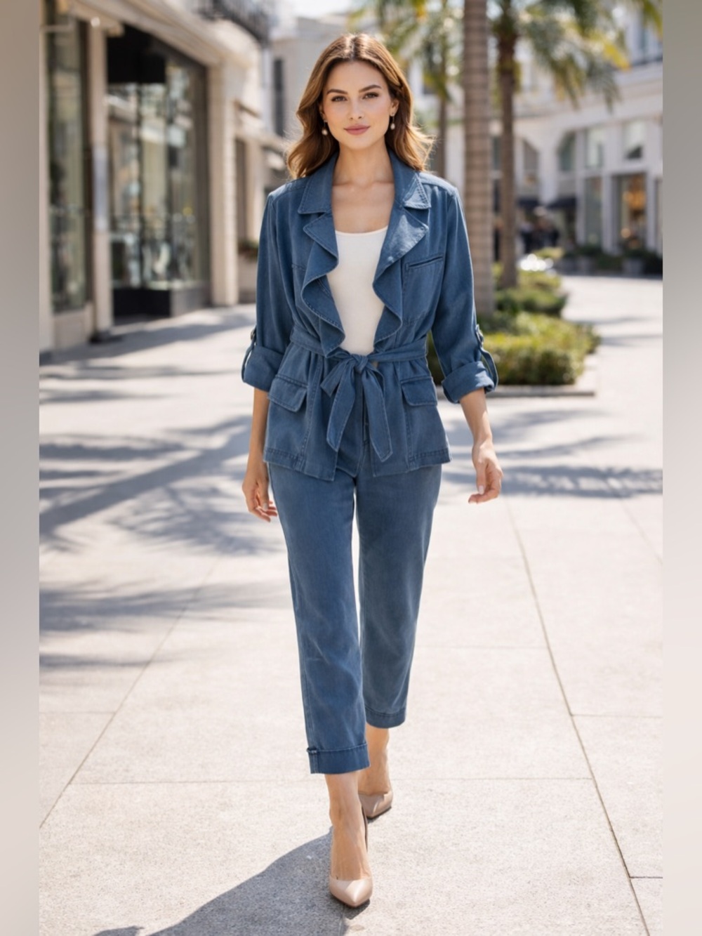 WHBM Blue Utility Jacket Pants Set Womens 12 Lyocell Belted Slim Crop